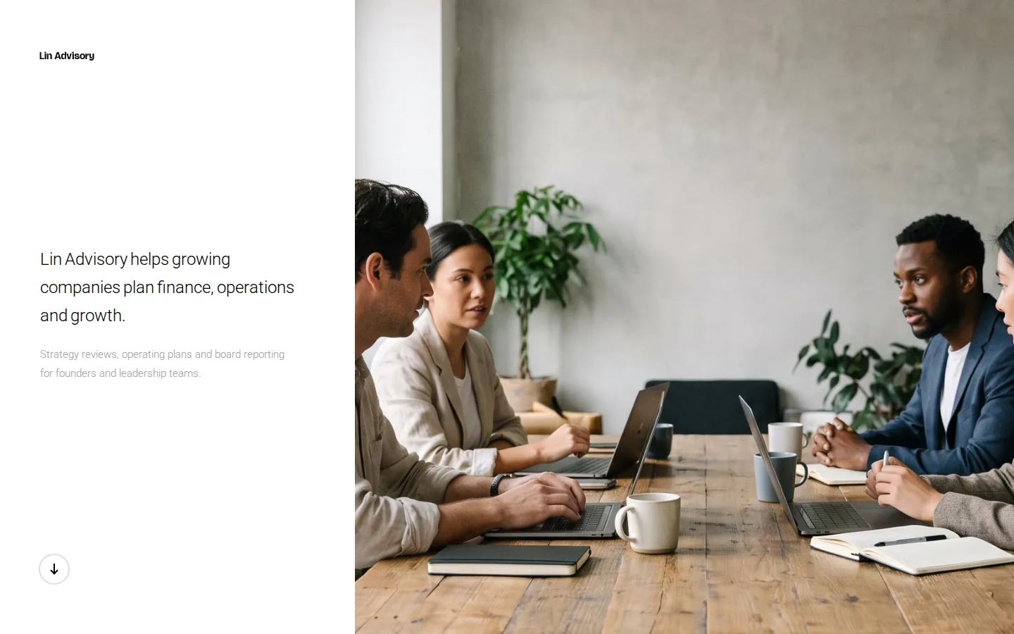 Split layout, minimal — Lin Advisory