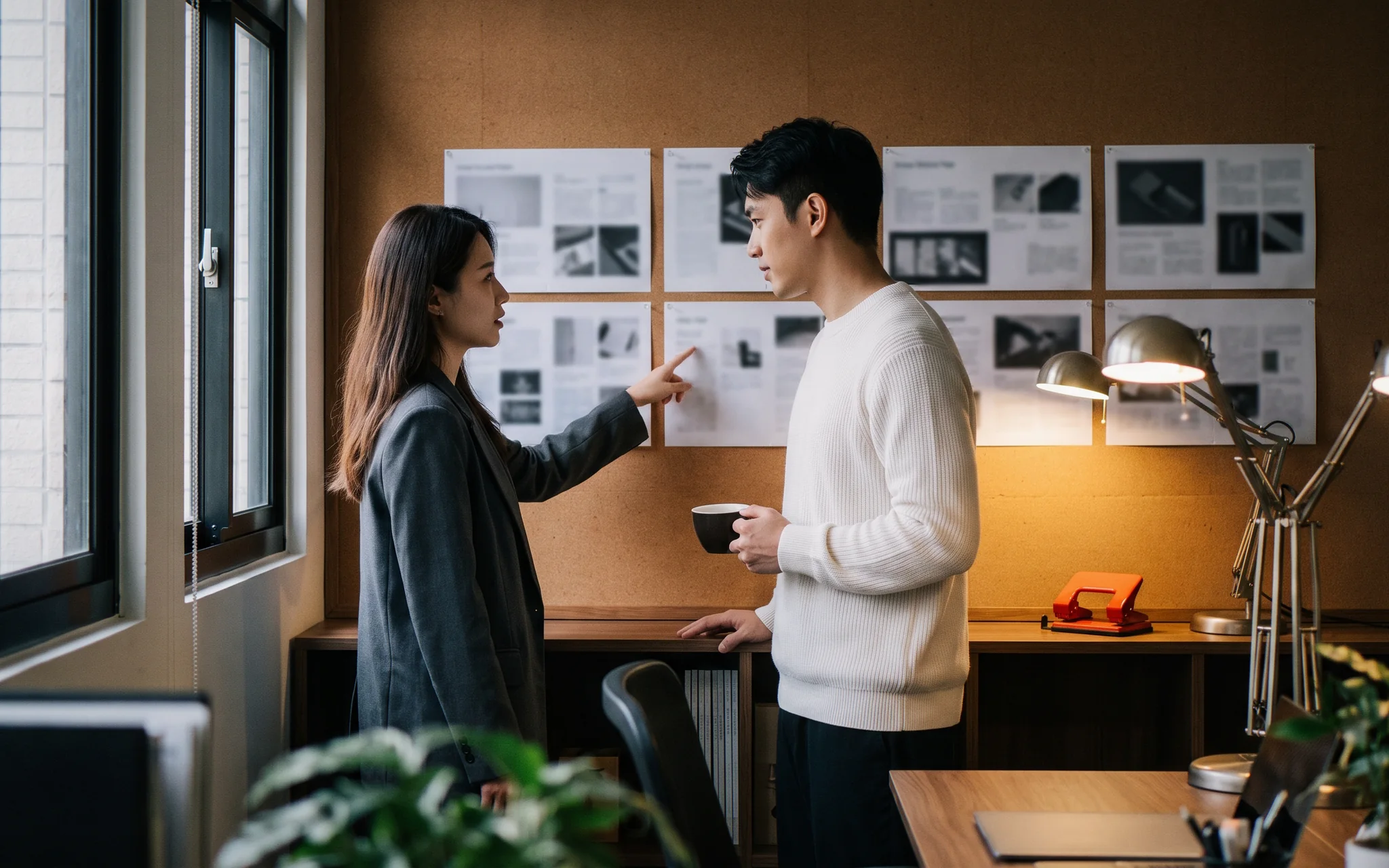 Two colleagues discussing printed page layouts pinned to a wall