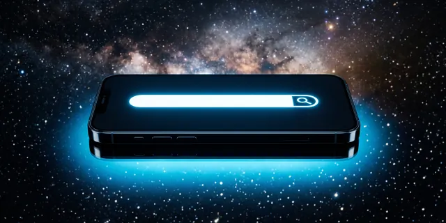 A glowing search bar on a phone screen, its blue light spilling onto the surface below
