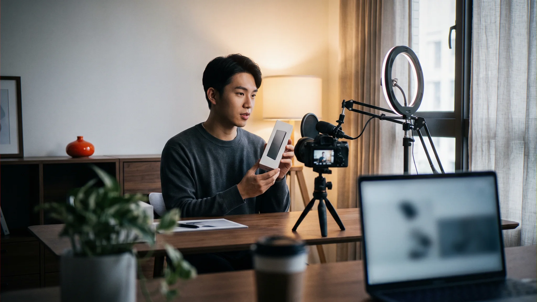 Illustration: A creator recording a product review video at a desk setup