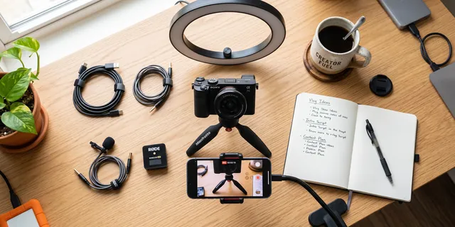 Creator kit laid out on a desk — ring light, camera, clip microphone, coiled cables