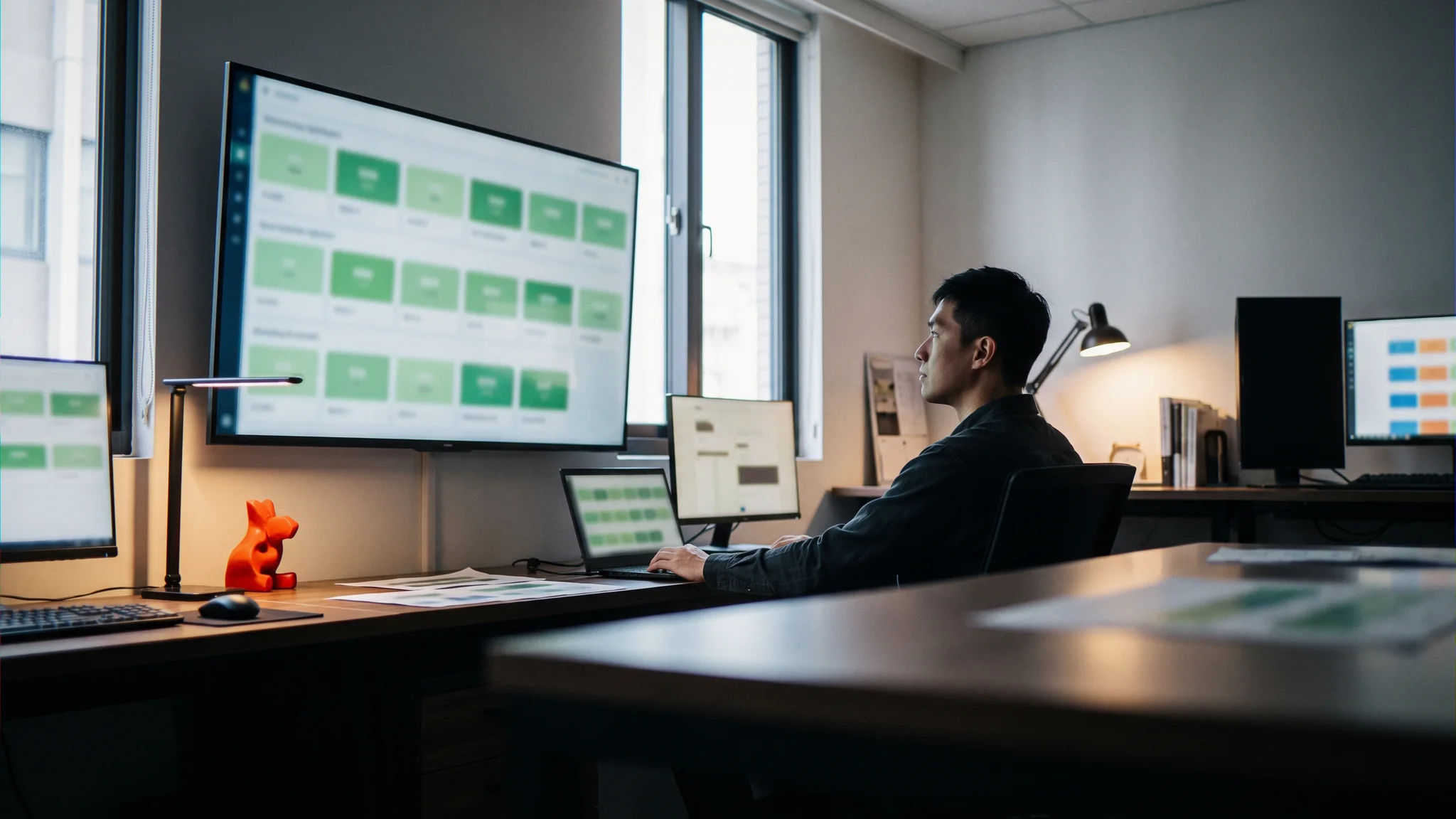 Illustration: A monitoring dashboard with green status lights on a wall screen