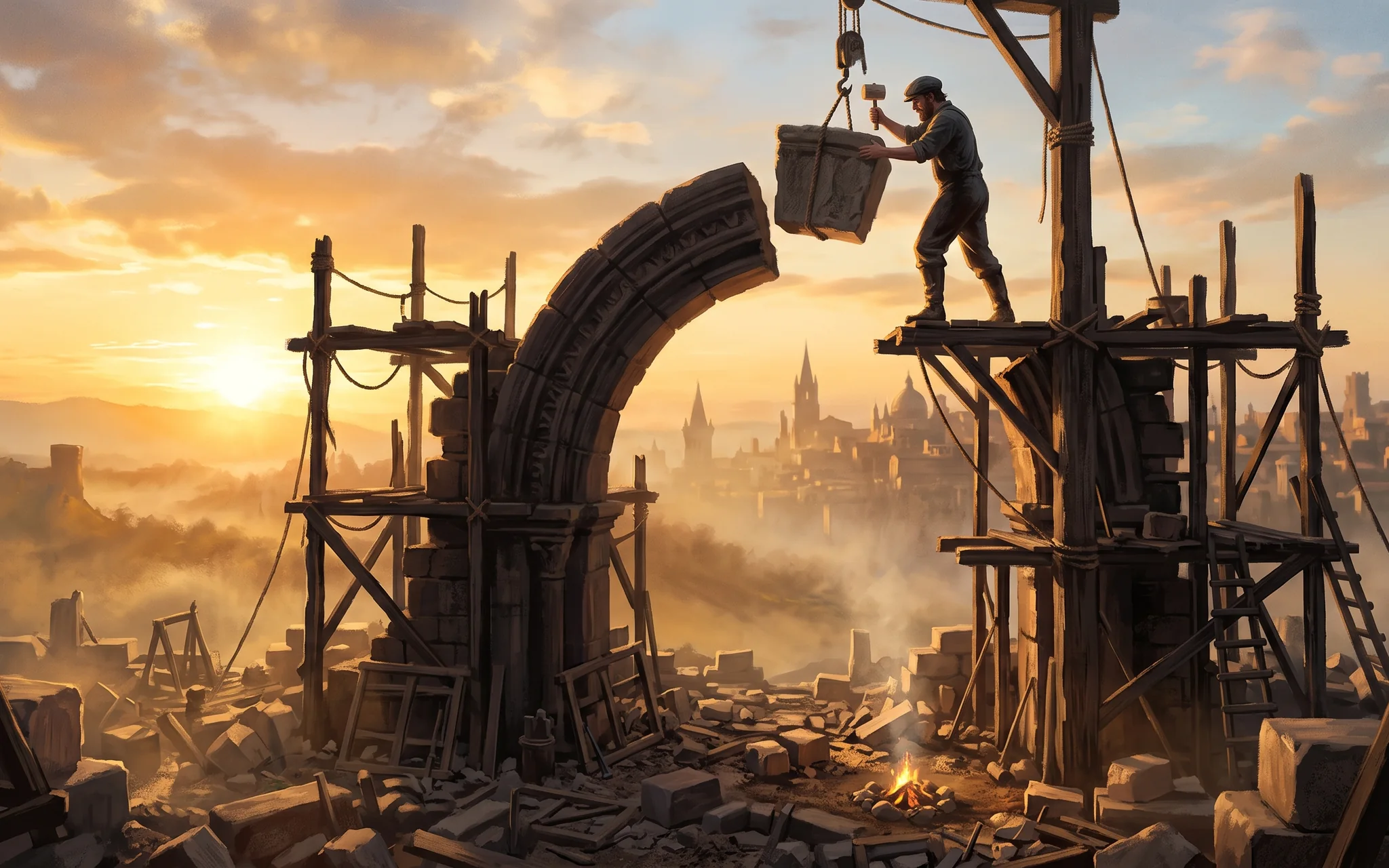A figure on scaffolding at sunrise setting the last block into the top of a stone arch