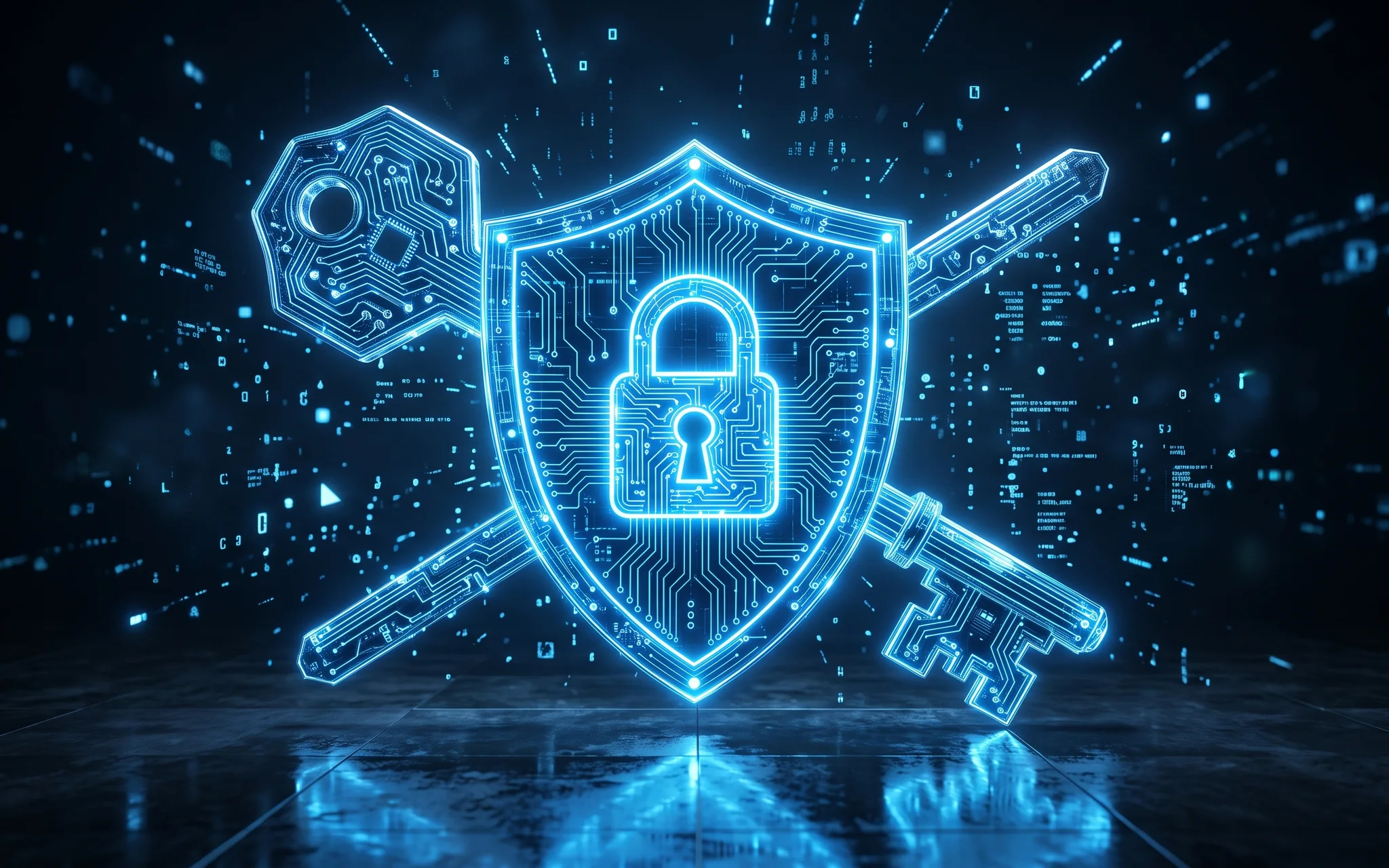 A key crossed behind a glowing shield bearing a padlock, drawn out of blue circuit light