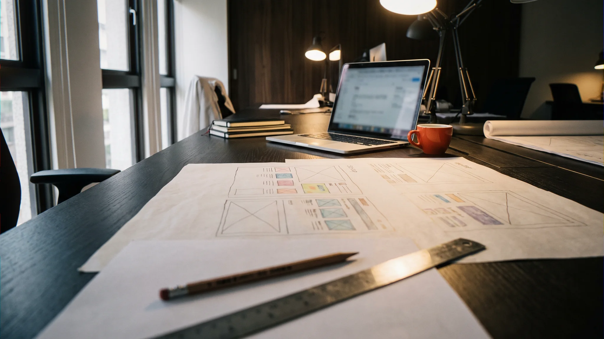 Illustration: Wireframe sketches of a website sitemap on a desk