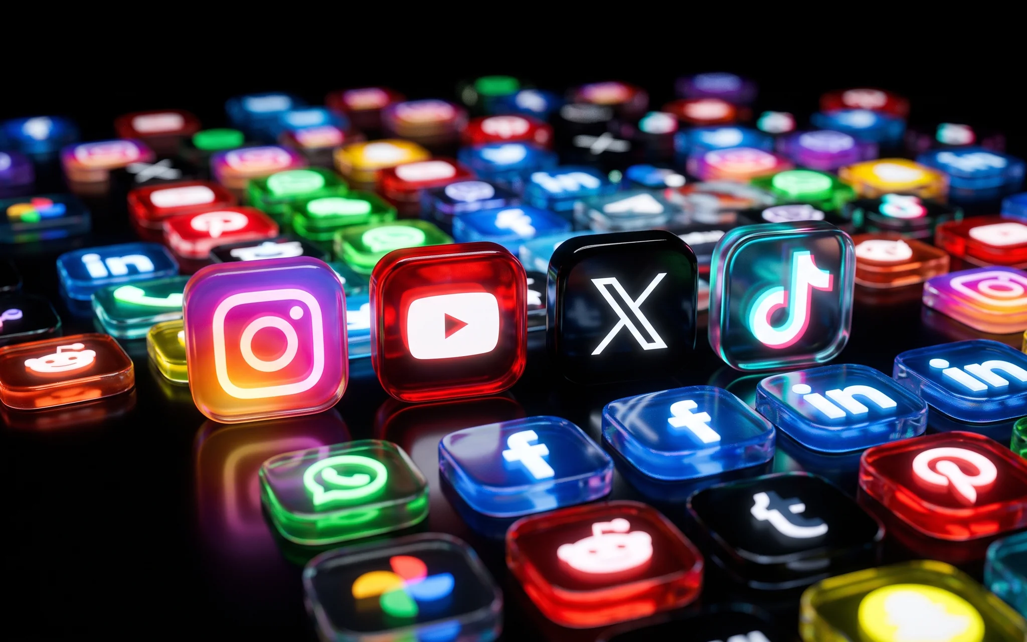 Glossy social platform icon tiles packed edge to edge and lit in neon, receding into darkness